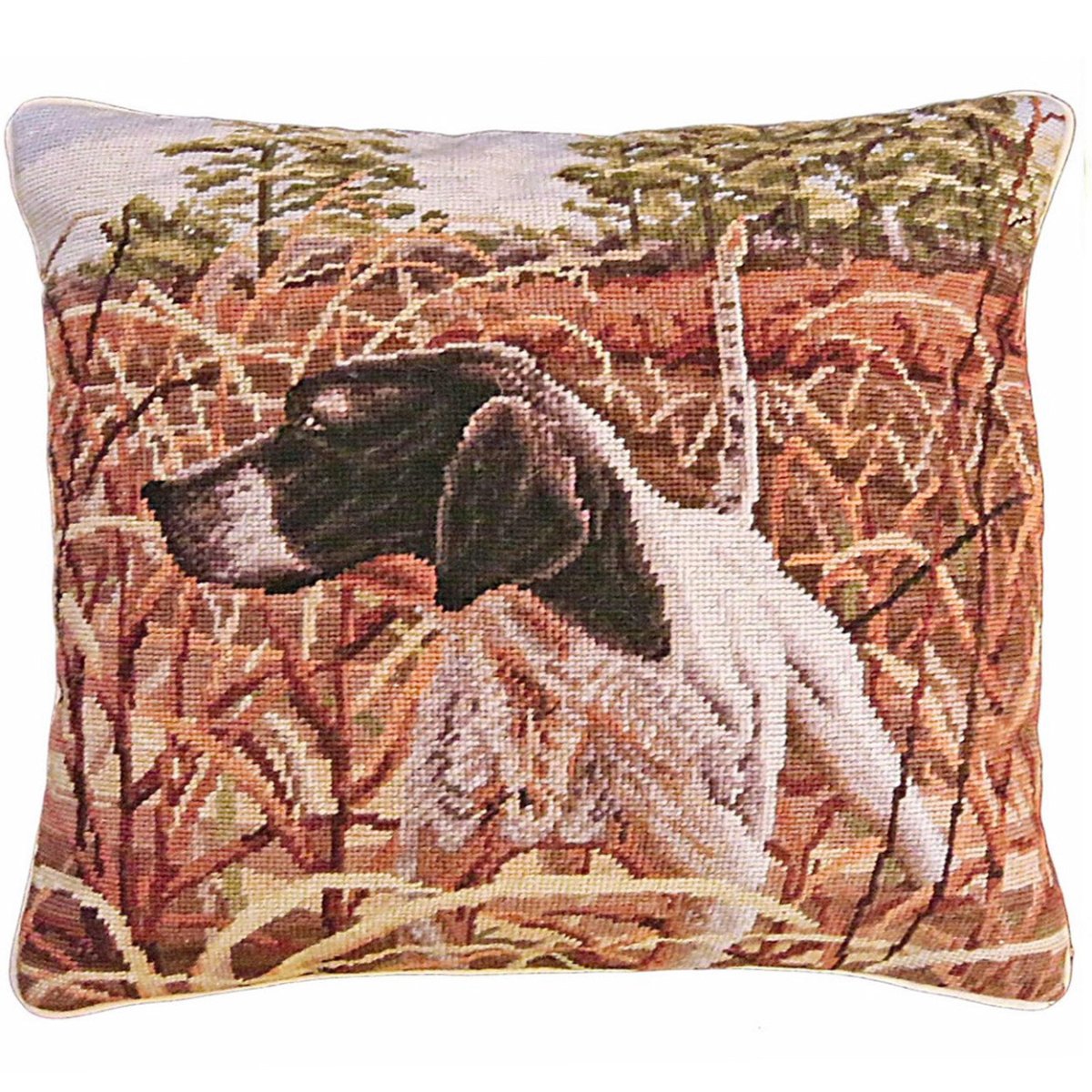 Black Pointer Bird Dog needlepoint throw pillow with rustic lodge-style design