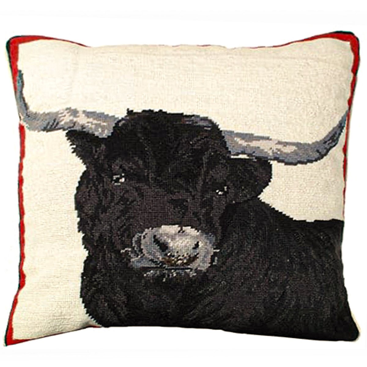 Black Steer Bull Farm needlepoint throw pillow with rustic lodge-style design