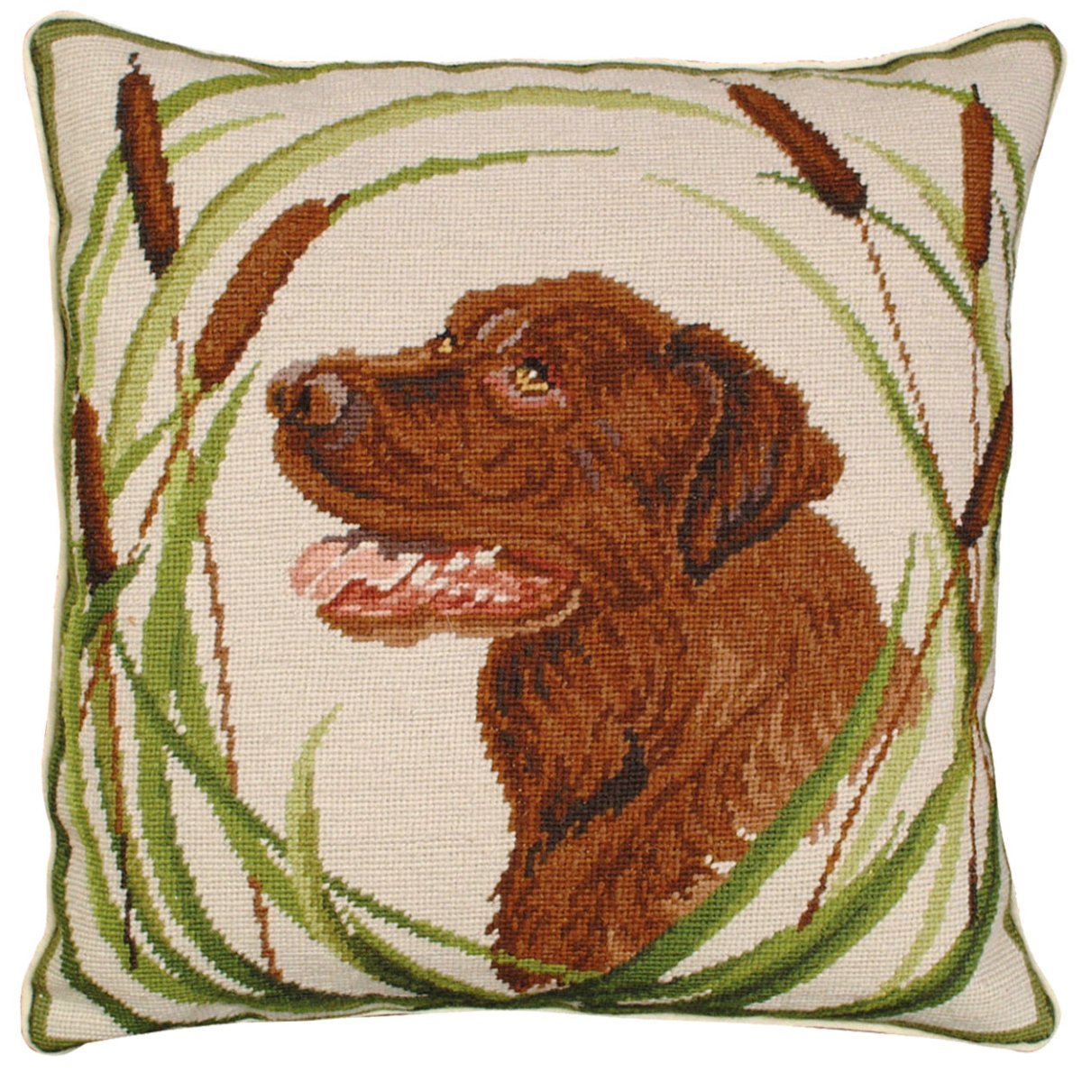 Brown Chocolate Lab Dog needlepoint throw pillow with rustic lodge-style design