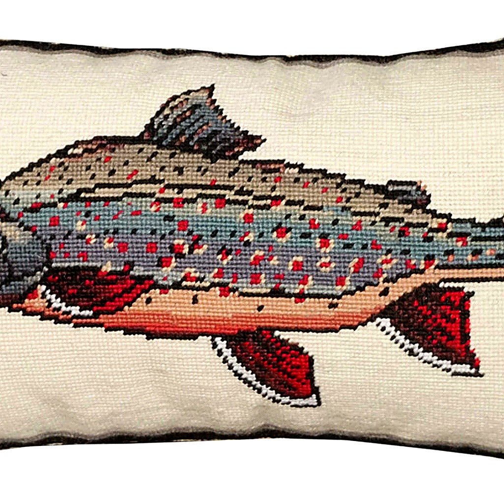 Closeup of Rustic Brown Dolly Varden Lodge needlepoint throw pillow highlighting hand-stitched wool craftsmanship and fabric detail