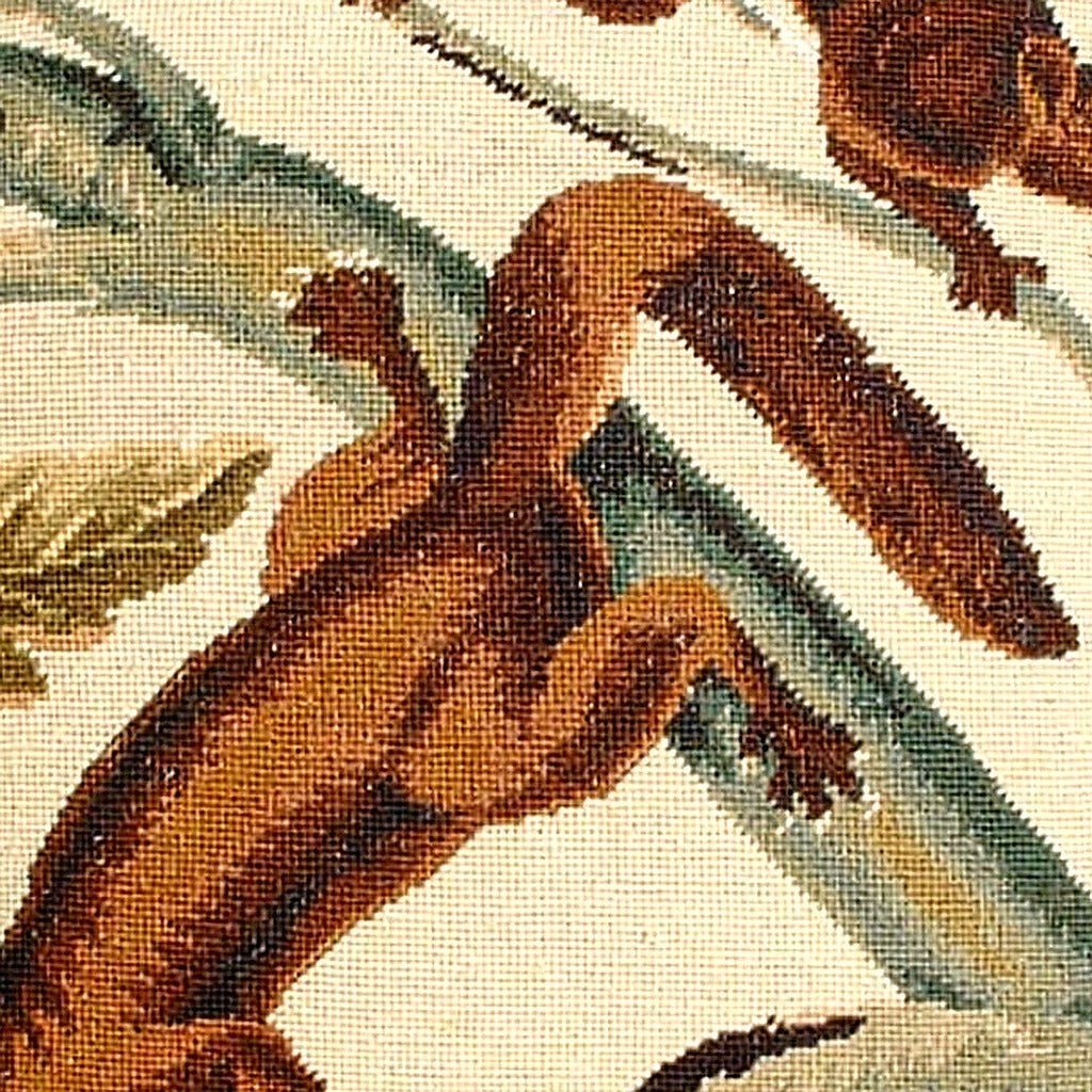 Hand-stitched wool detail of Rustic Brown Soft Haired Squirrel needlepoint pillow showing intricate weave pattern and texture