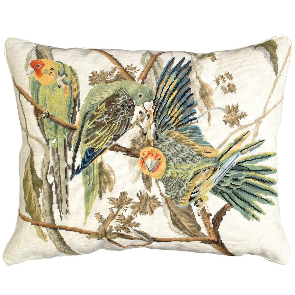 Carolina Parrot Audubon needlepoint throw pillow with rustic nature wildlife lodge design