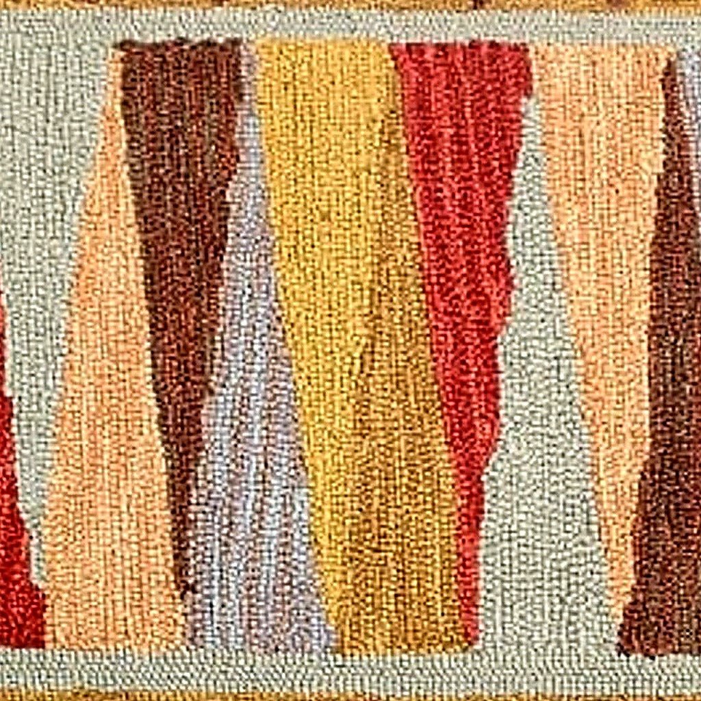 Rustic Colorful Pinwheel Pattern Geometric Lodge Hooked pillow fabric closeup showing hand-embroidered needlepoint wool texture and color detail