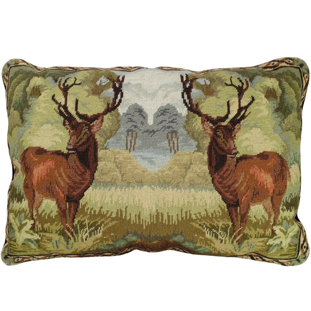 Deer Buck needlepoint throw pillow with rustic nature wildlife lodge design