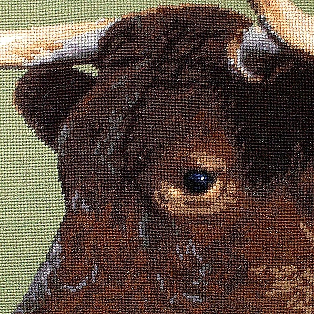 Rustic Milking Devon Cow Lodge pillow fabric closeup showing hand-embroidered needlepoint wool texture and color detail