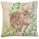 Playing Rabbits needlepoint throw pillow with rustic nature wildlife lodge design