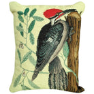 Red Crested Woodpecker hand-embroidered throw pillow with rustic nature wildlife lodge design