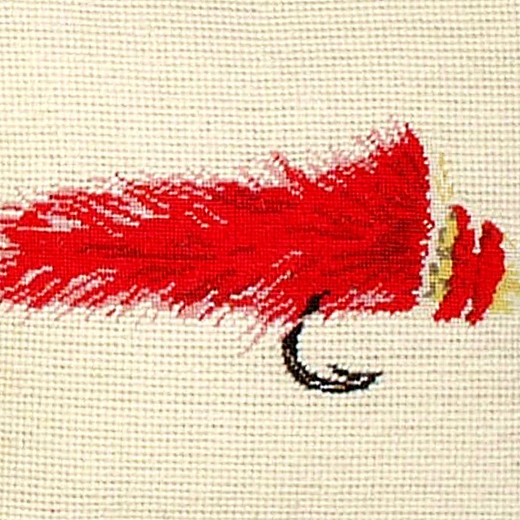 Hand-stitched wool detail of Rustic Red Diver Fly Flishing Lodge needlepoint pillow showing intricate weave pattern and texture