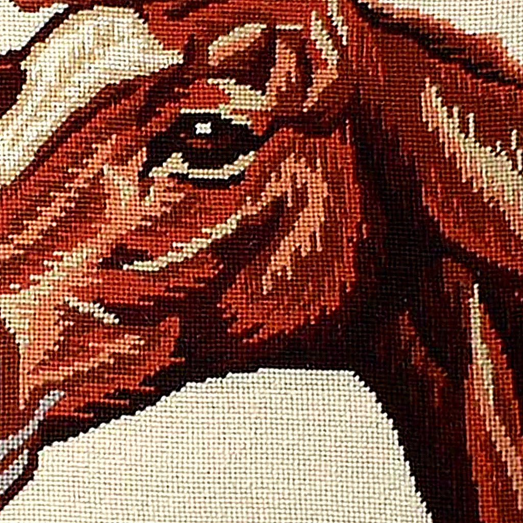 Hand-stitched wool detail of Rustic Red Equestrian Horse Lodge needlepoint pillow showing intricate weave pattern and texture