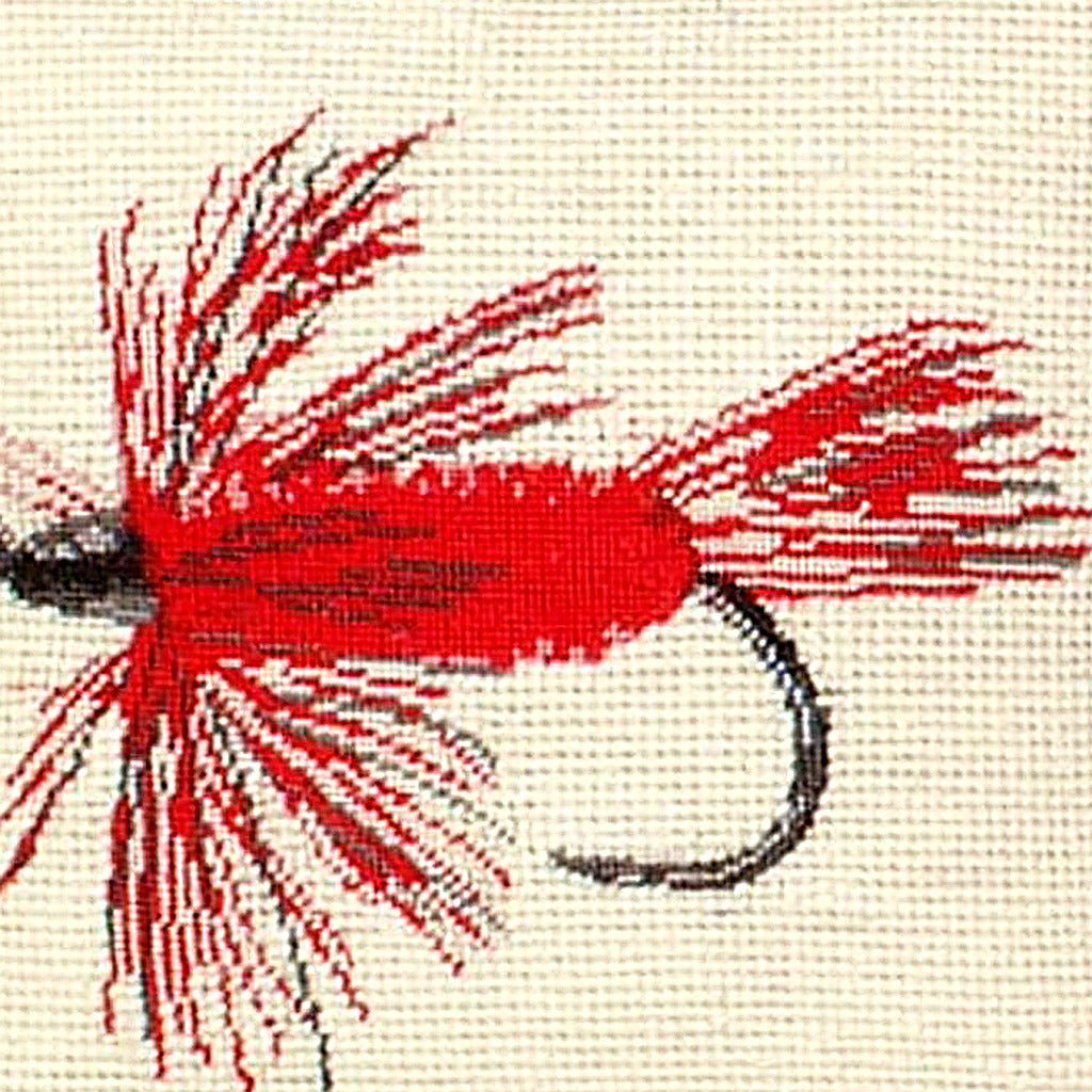 Hand-stitched wool detail of Rustic Red Hair Wing Fly Fishing Lodge needlepoint pillow showing intricate weave pattern and texture