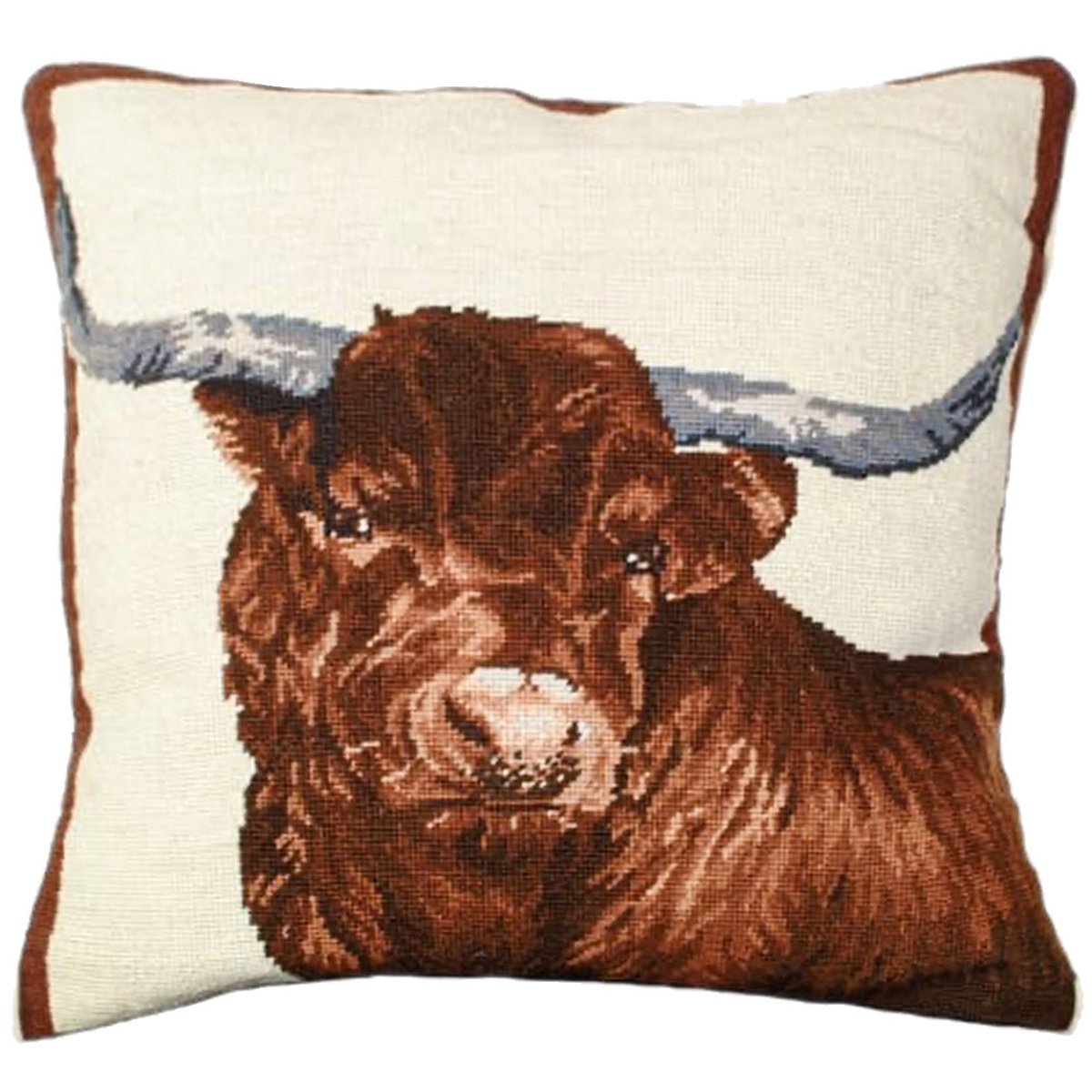Red Steer Bull Farm needlepoint throw pillow with rustic lodge-style design