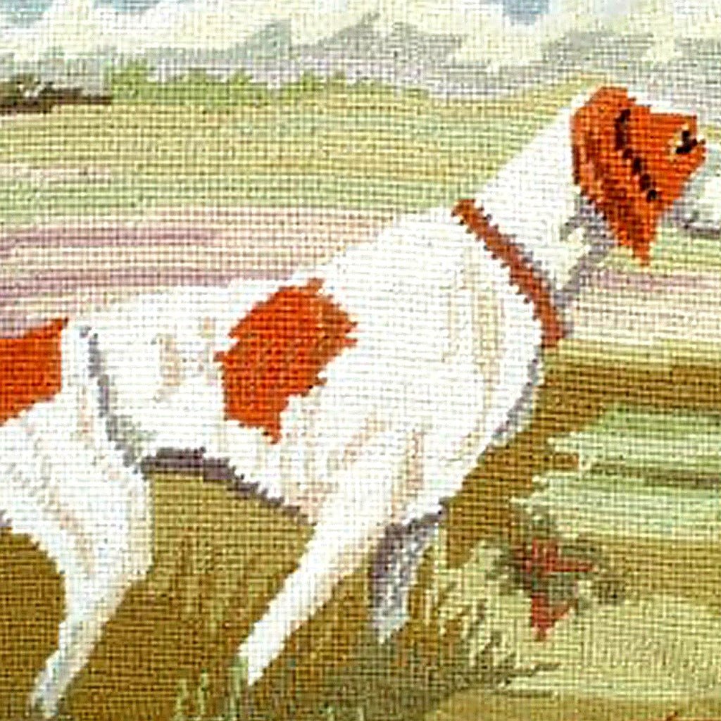 Rustic Red White Pointer Dog Lodge pillow fabric closeup showing hand-embroidered needlepoint wool texture and color detail
