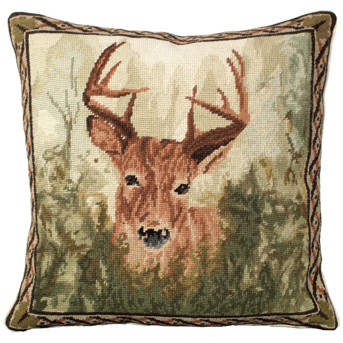 Stag Buck Forest needlepoint throw pillow with rustic lodge-style design
