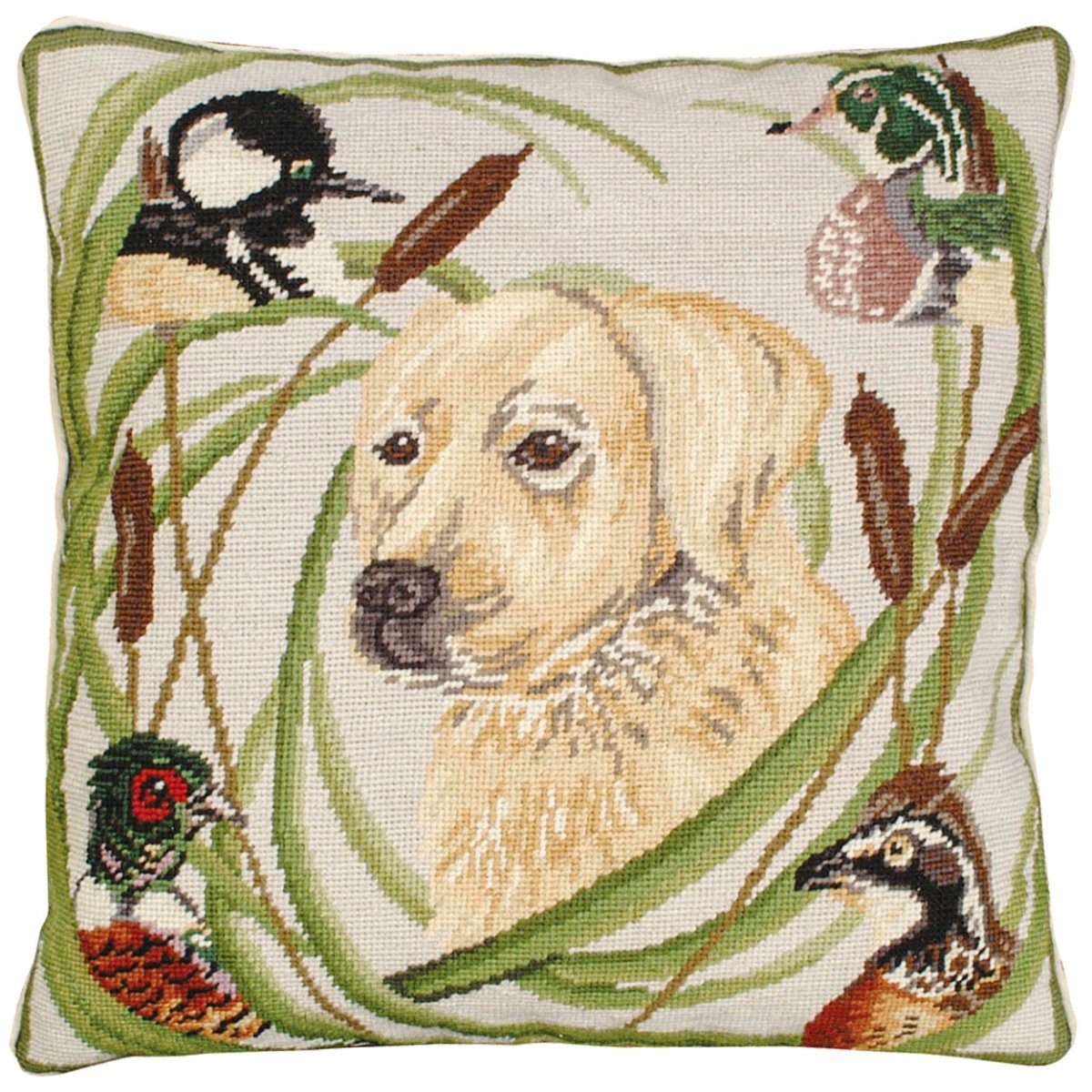 Yellow Lab Dog With needlepoint throw pillow with rustic lodge-style design