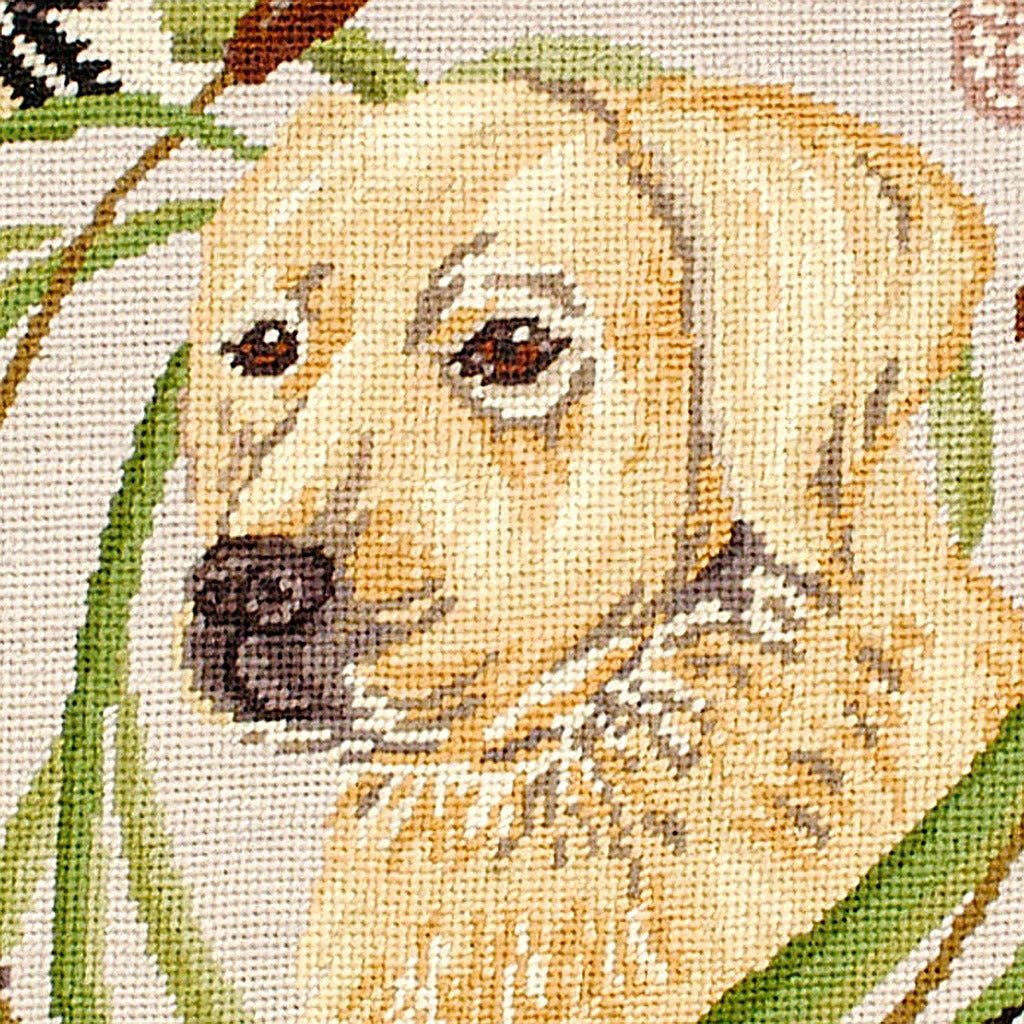 Closeup of Rustic Yellow Lab Dog With Ducks needlepoint throw pillow highlighting hand-stitched wool craftsmanship and fabric detail