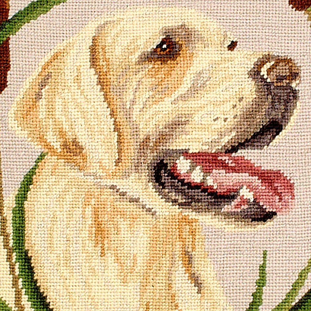 Closeup of Rustic Yellow Labrador Dog Lodge needlepoint throw pillow highlighting hand-stitched wool craftsmanship and fabric detail