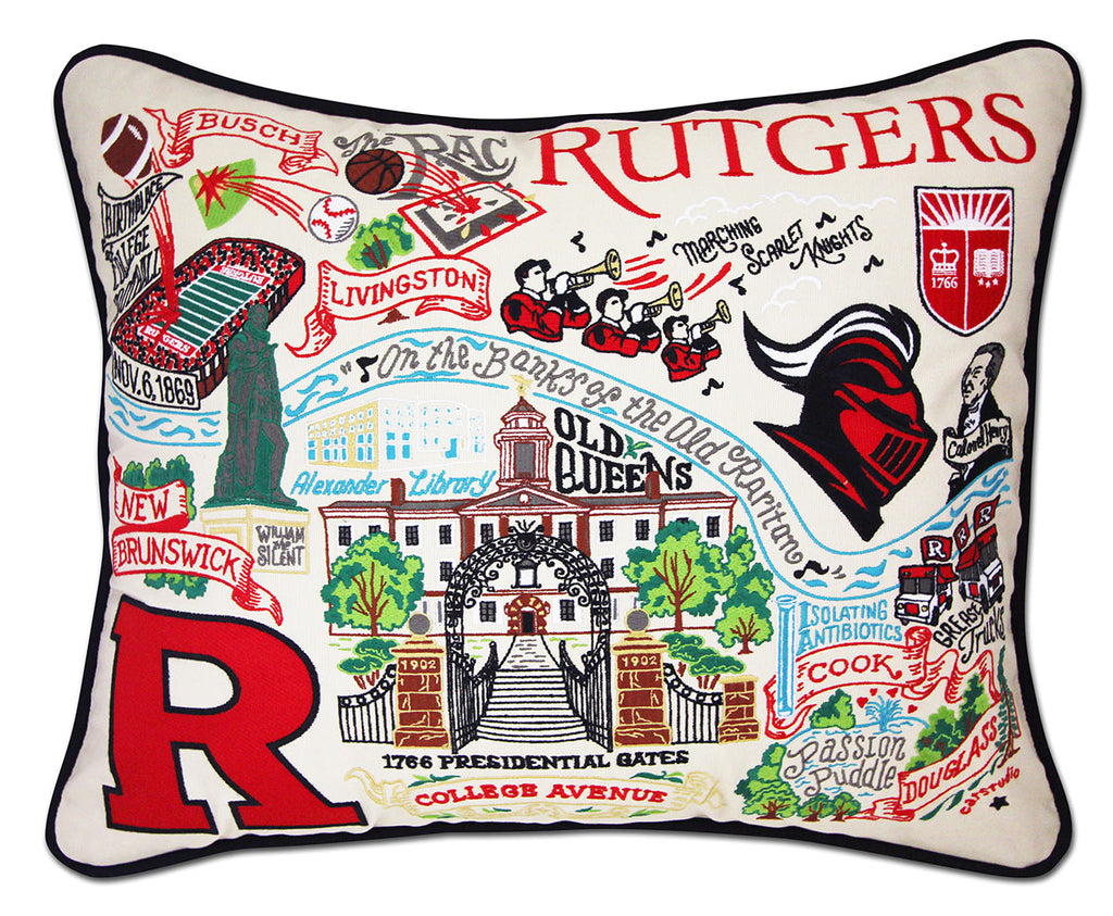 Rutgers University Scarlet Knights embroidered pillow with school mascot.