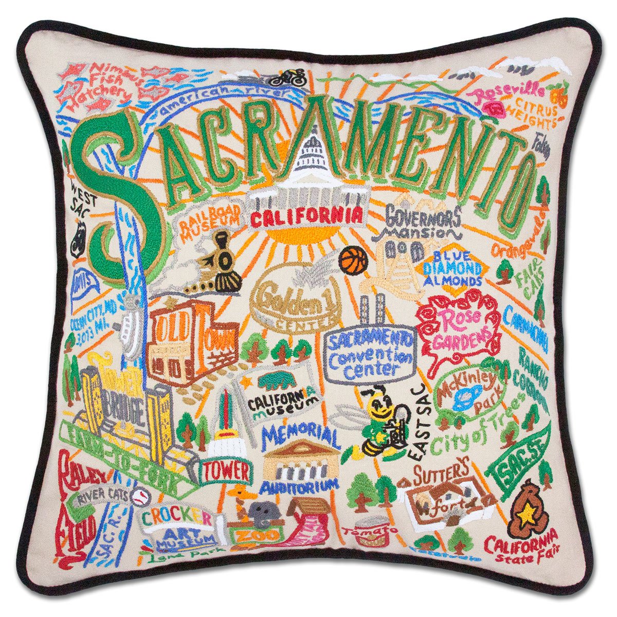 Sacramento, CA Gold Rush City hand-embroidered throw pillow showcasing iconic landmarks