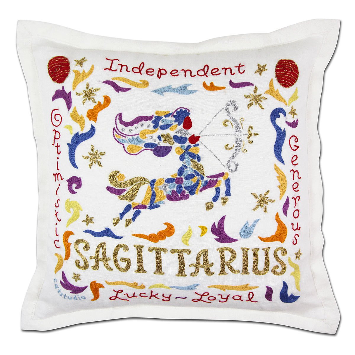 Sagittarius Astrology Zodiac hand-embroidered throw pillow showcasing iconic landmarks