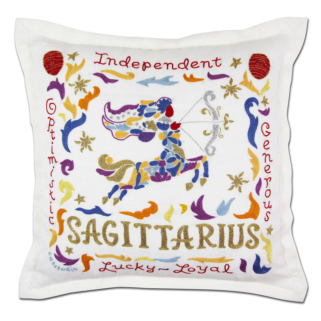 Sagittarius Fire Sign Astrology embroidered throw pillow with zodiac symbol.