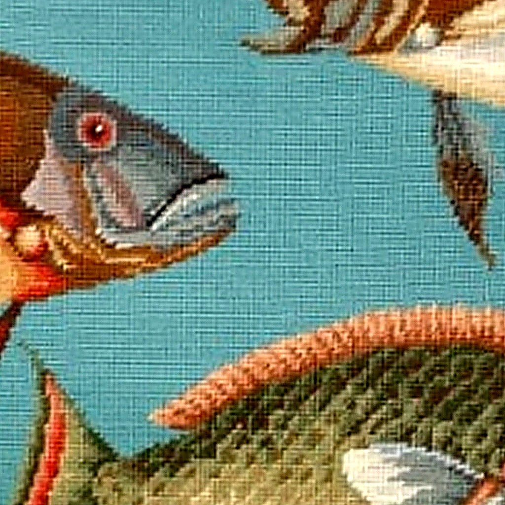 Saltwater Fish Catesby Coastal pillow fabric closeup showing hand-embroidered needlepoint wool texture and color detail
