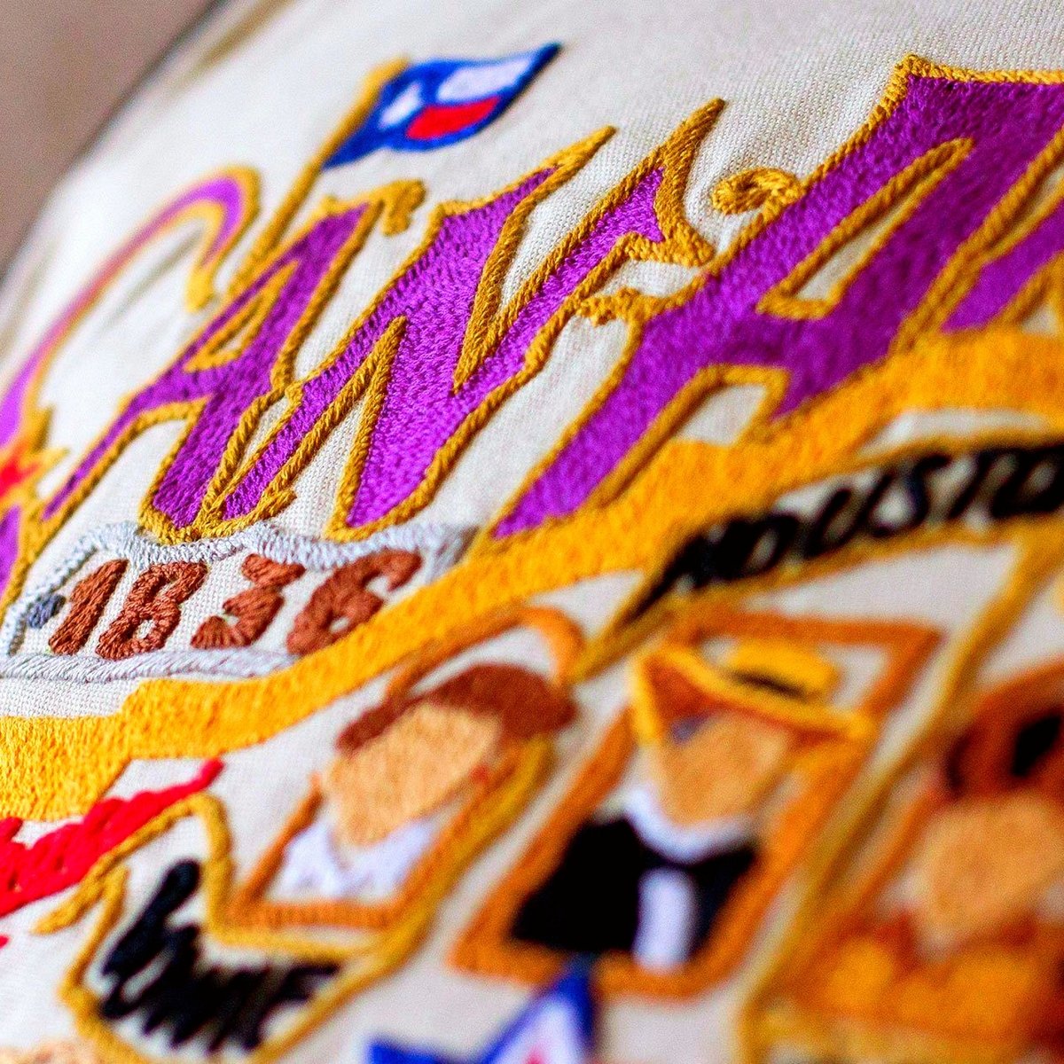 San Antonio, TX Alamo City Embroidered Travel Pillow - close-up detail of hand-embroidered needlepoint stitching