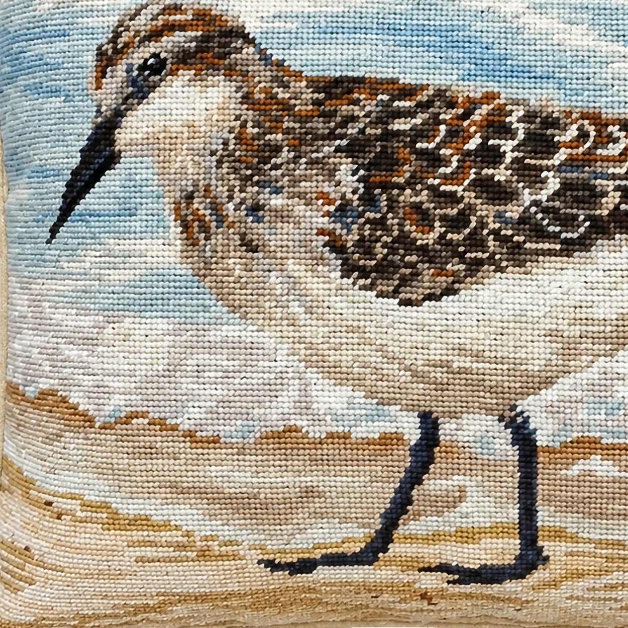 Close-up stitch detail of the Sandpiper Colonial Williamsburg needlepoint pillow showing wool texture
