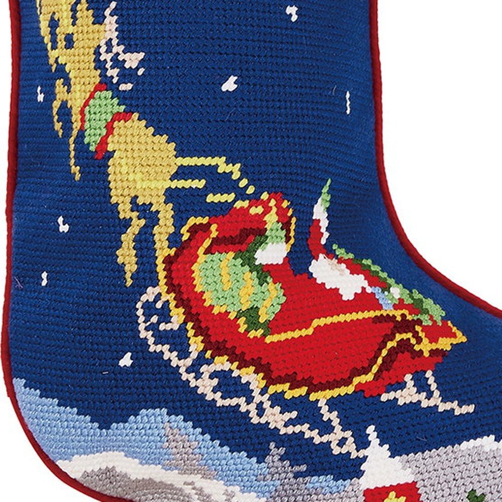 Closeup of Santa and Reindeers Embroidered Christmas Stocking showing stitch texture and craftsmanship detail