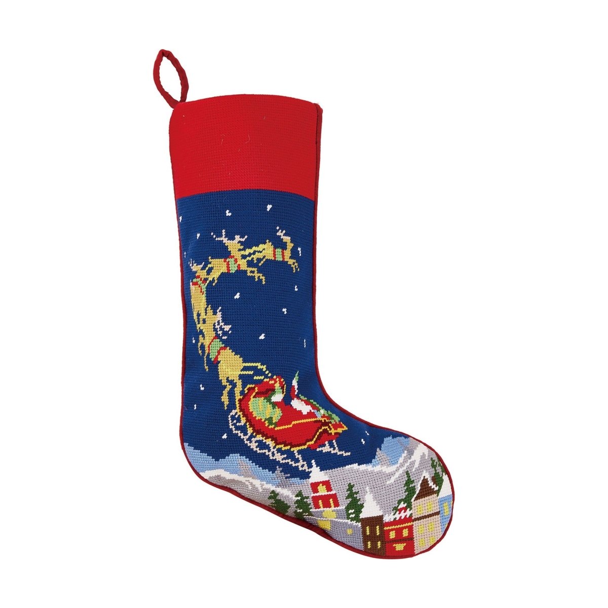 Santa and Reindeers Embroidered Christmas Stocking, 11x18 inch, front view