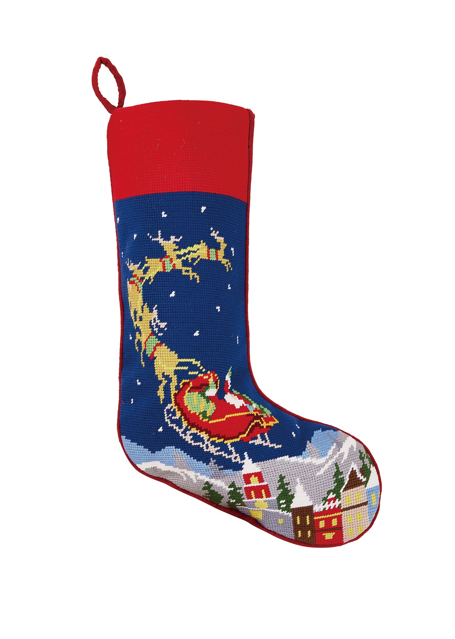 Santa and Reindeers Embroidered Christmas Stocking, 11x18 inch, front view