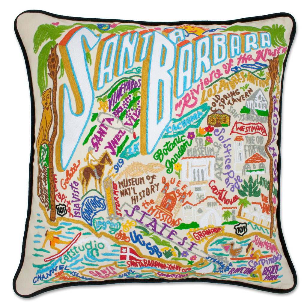 Santa Barbara, CA Riviera City embroidered throw pillow with coastal scenery.