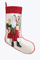 Santa & Black Puppy Embroidered Needlepoint Christmas Stocking, 11x18 inch, front view