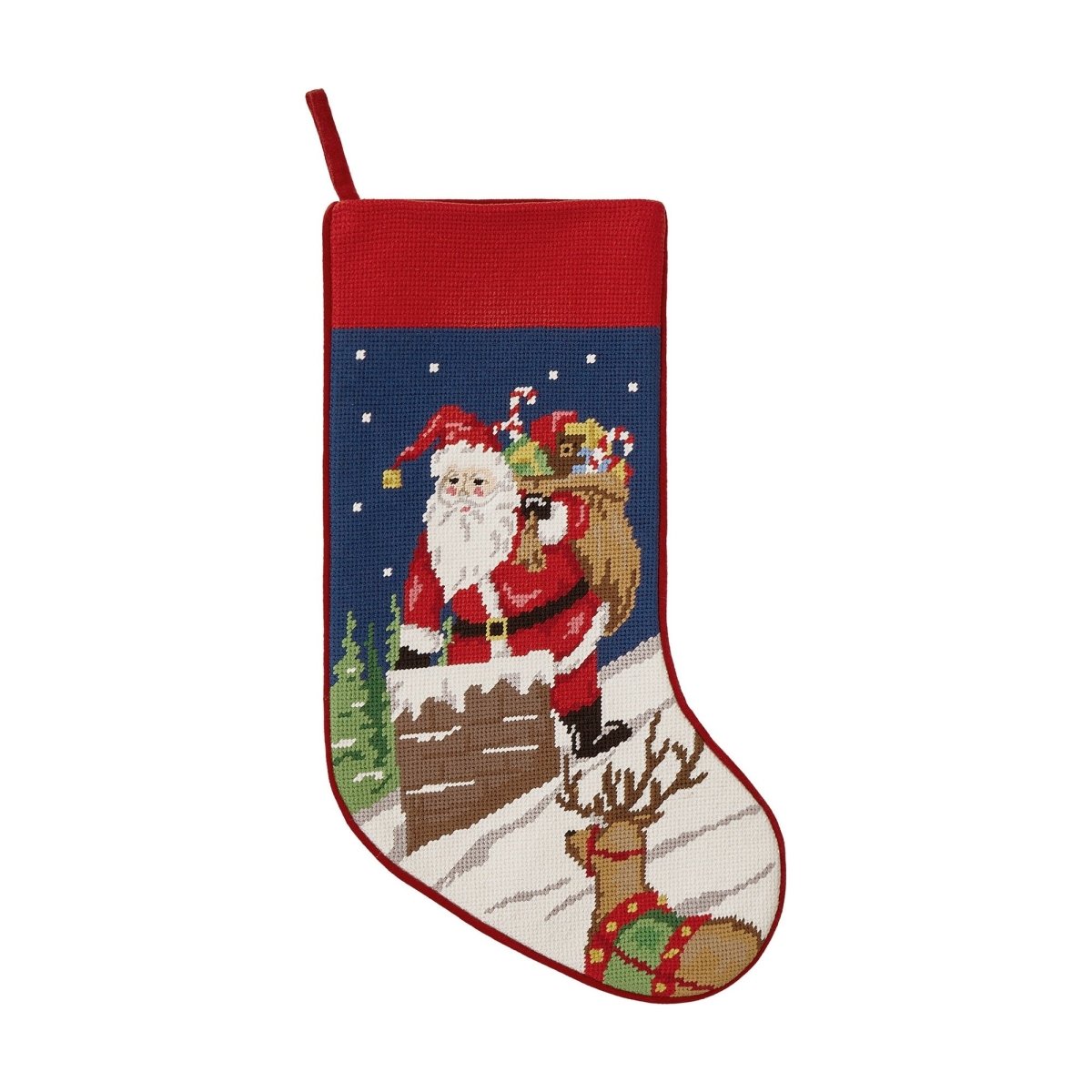 Santa Chimney Embroidered Needlepoint Christmas Stocking, 11x18 inch, front view