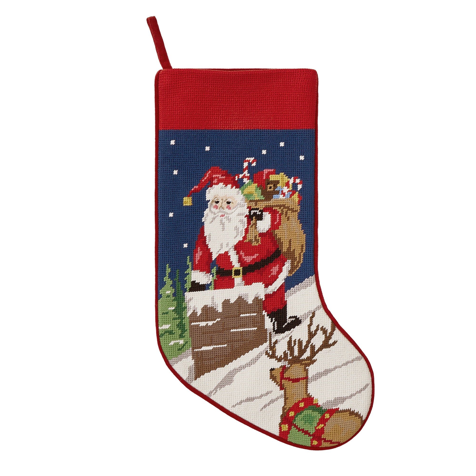 Santa Chimney Embroidered Needlepoint Christmas Stocking, 11x18 inch, front view