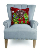 Santa Choco Labr Wreath Hooked Wool Christmas Throw Pillow on an armchair, showing the throw pillow at room scale, 18x18 inch