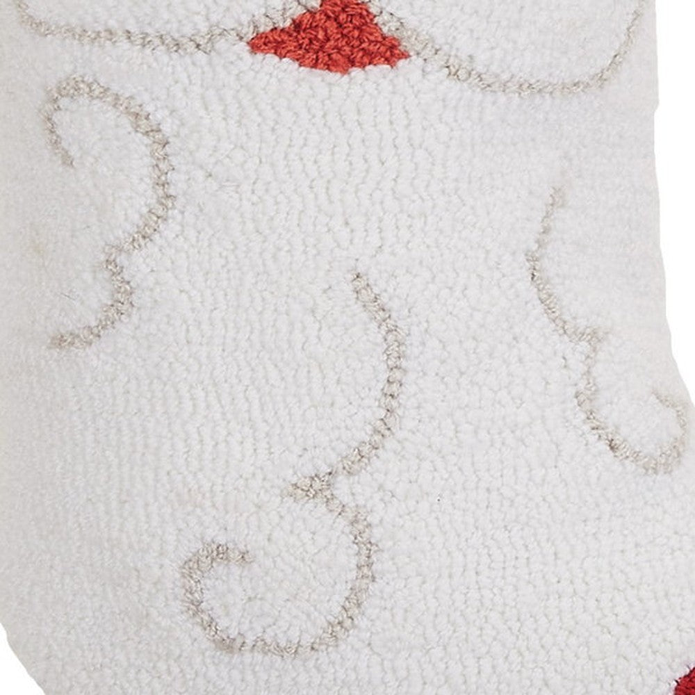Closeup of Santa Claus with Pom Hooked Christmas Stocking showing stitch texture and craftsmanship detail