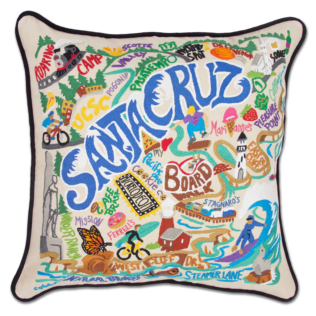 Santa Cruz, CA Surf City embroidered throw pillow with surfing imagery.