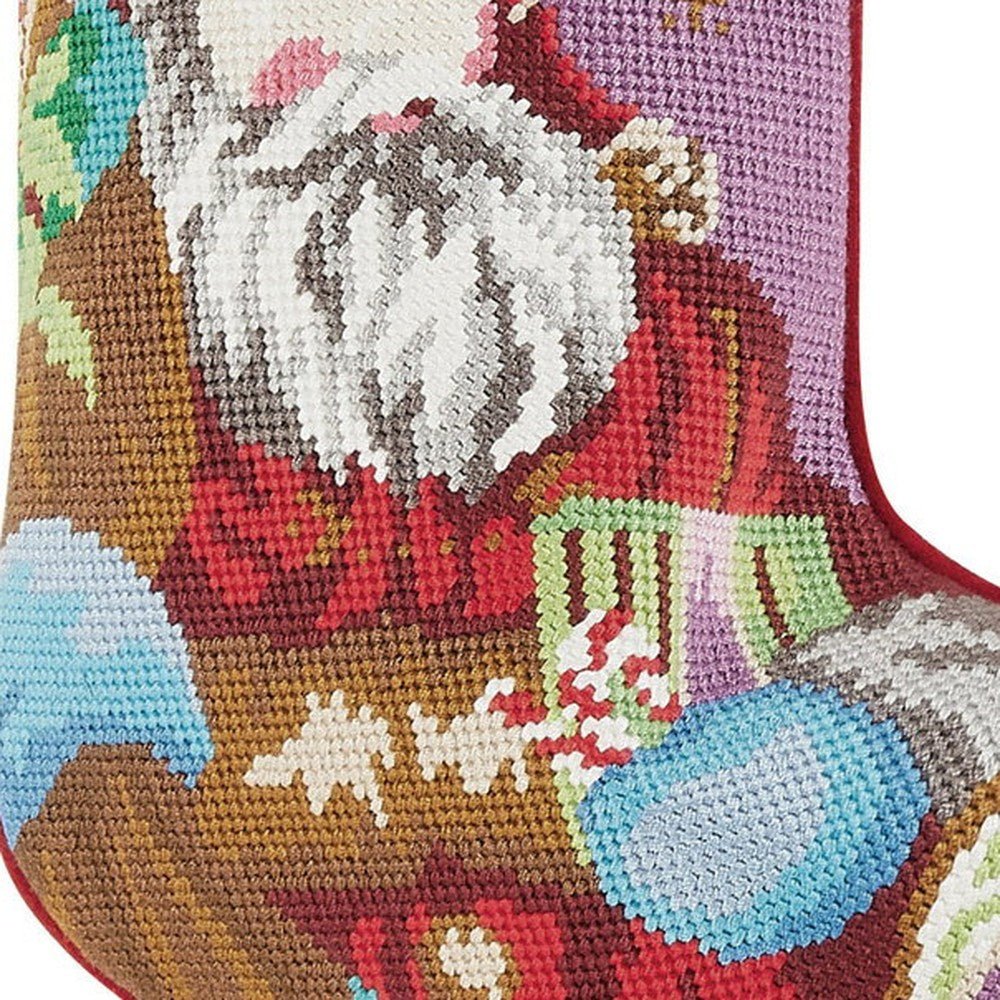 Closeup of Santa Embroidered Needlepoint Christmas Stocking showing stitch texture and craftsmanship detail