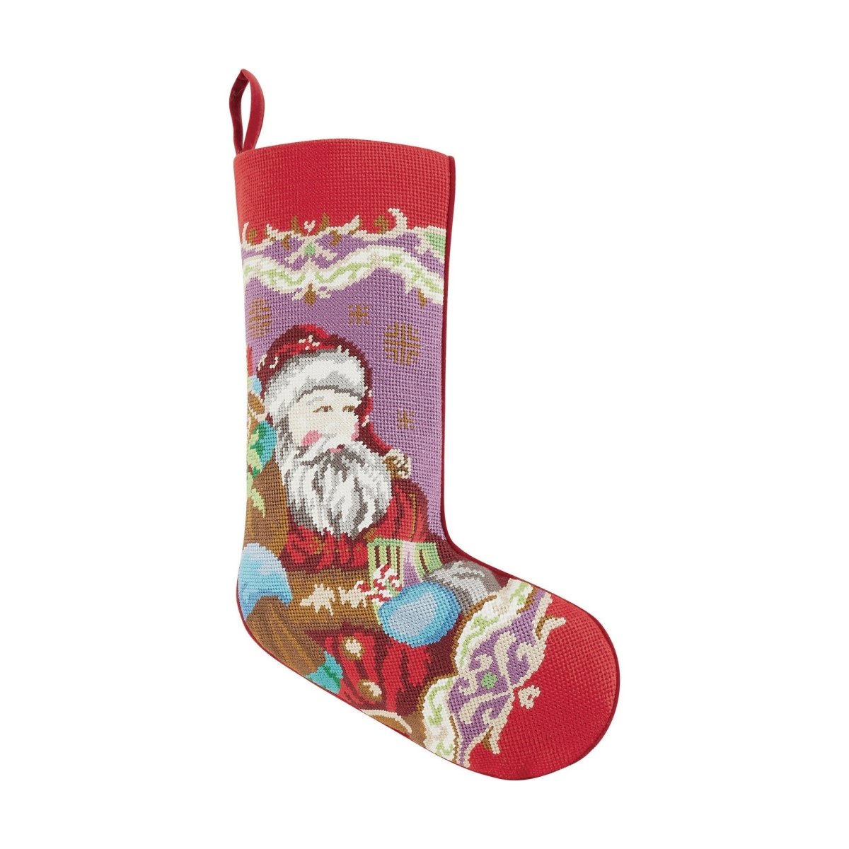 Santa Embroidered Needlepoint Christmas Stocking, 11x18 inch, front view