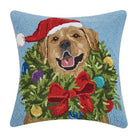 Santa Golden Labr Wreath Hooked Wool Christmas Throw Pillow, 18x18 inch, front view
