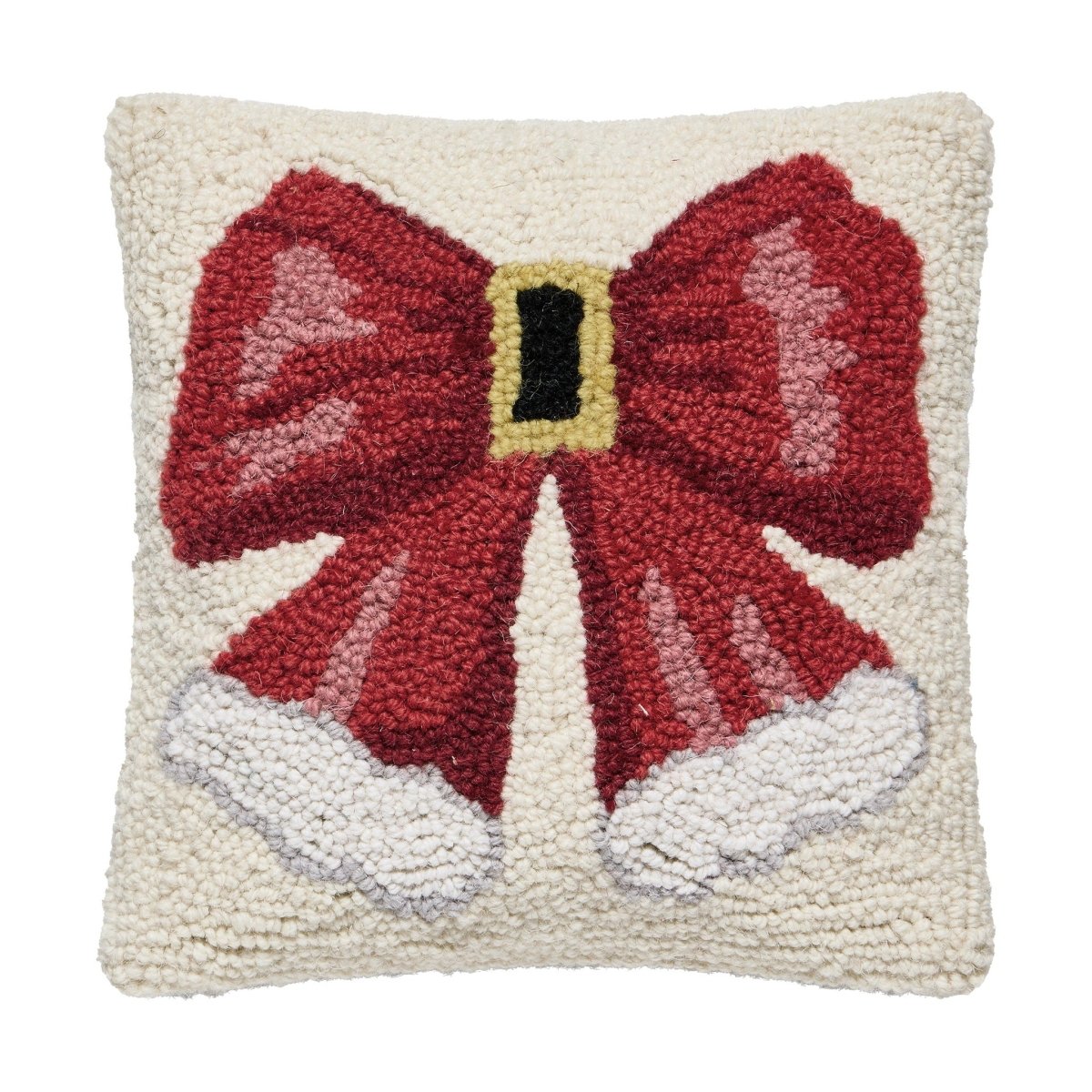 Santa Hat Bow Hooked Wool Christmas Throw Pillow, 10x10 inch, front view
