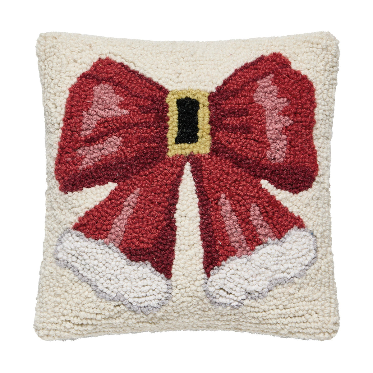 Santa Hat Bow Hooked Wool Christmas Throw Pillow, 10x10 inch, front view