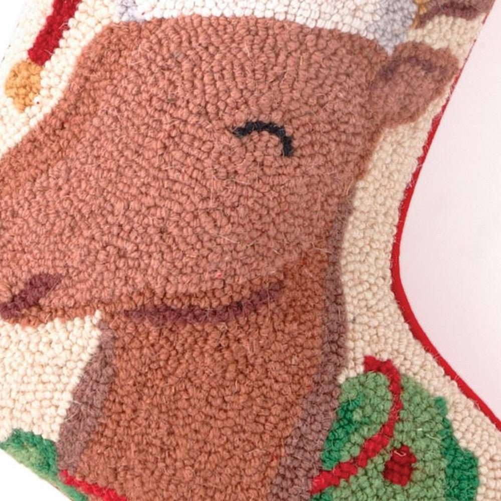 Closeup of Santa Hat Reindeer Hooked Wool Christmas Stocking showing stitch texture and craftsmanship detail