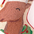 Closeup of Santa Hat Reindeer Hooked Wool Christmas Stocking showing stitch texture and craftsmanship detail
