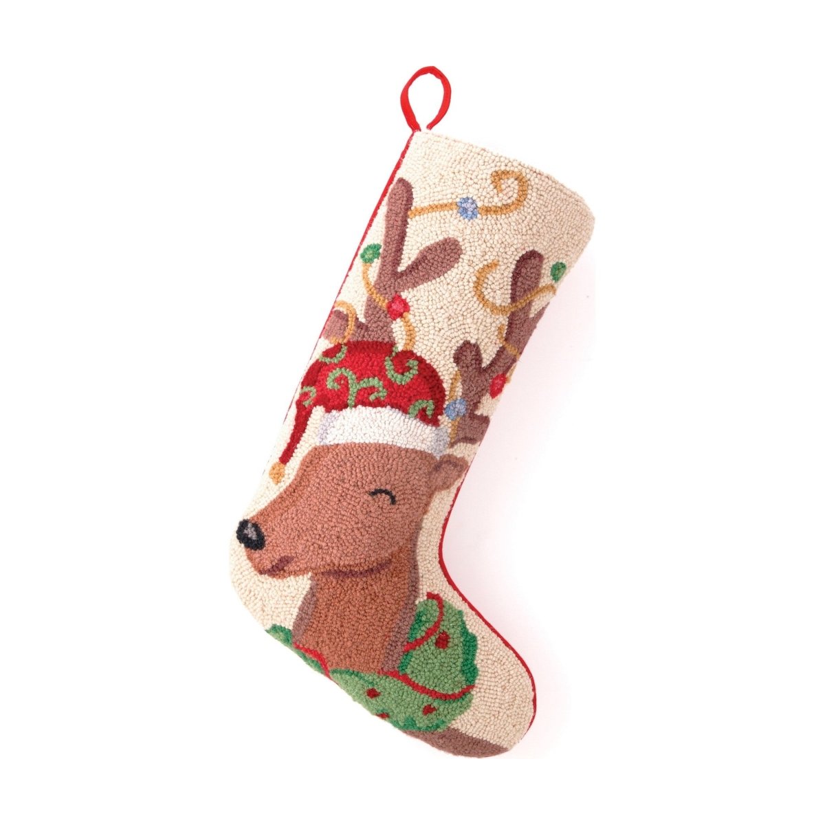 Santa Hat Reindeer Hooked Wool Christmas Stocking, 13x21 inch, front view