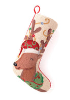 Santa Hat Reindeer Hooked Wool Christmas Stocking, 13x21 inch, front view
