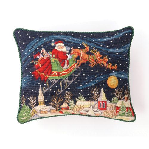 Santa in Snowy Sky Wool Needlepoint Christmas Throw Pillow, 14x18 inch, front view