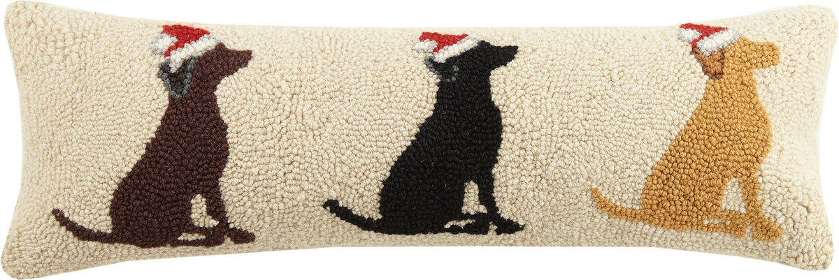 Santa Labs Hooked Wool Christmas Throw Pillow, 8x24 inch, front view