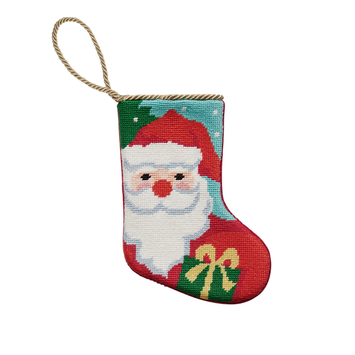 Santa Mini Embroidered Needlepoint Christmas Stocking, 6x4 inch, front view