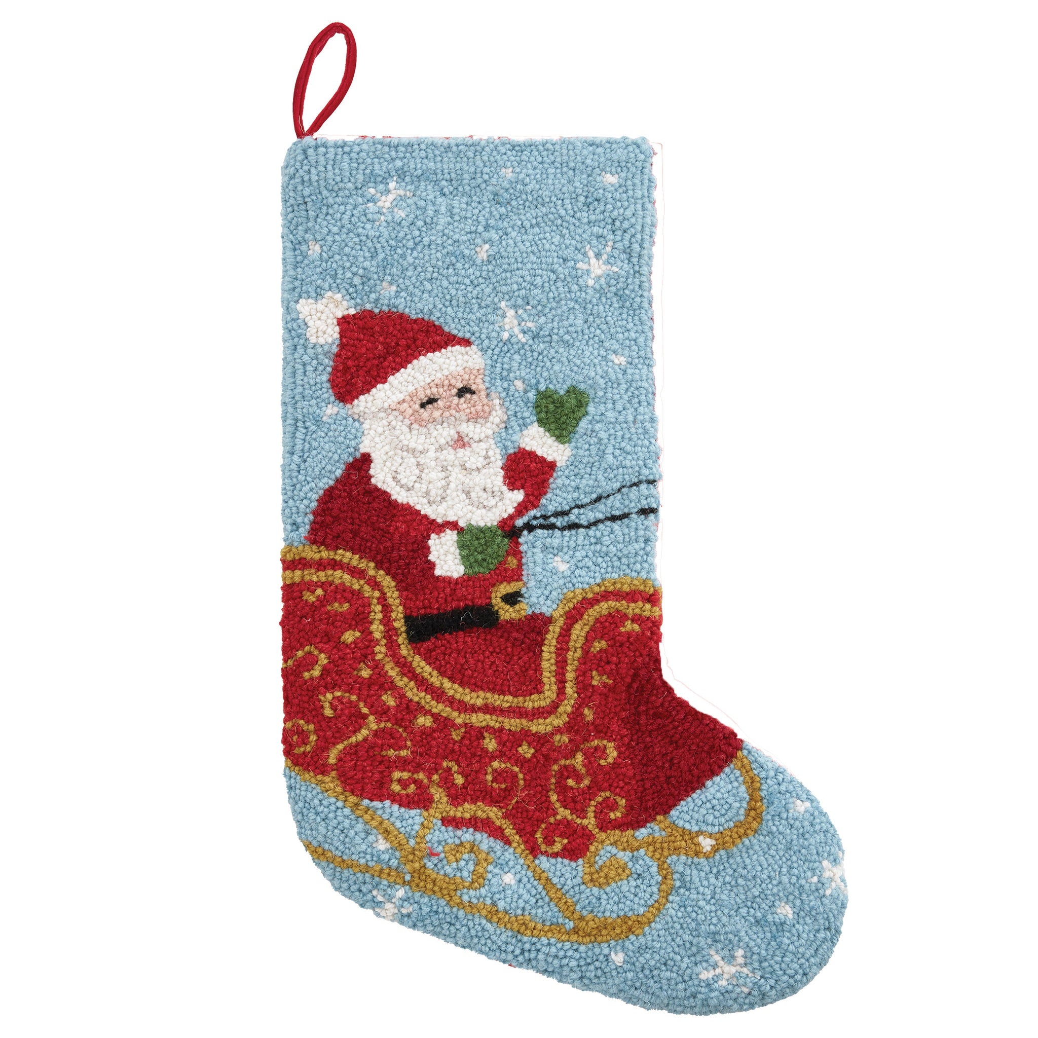 Santa on Sleigh Hooked Wool Christmas Stocking, 12x20 inch, front view